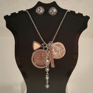 Necklace earring set silver charm pendant sparkle